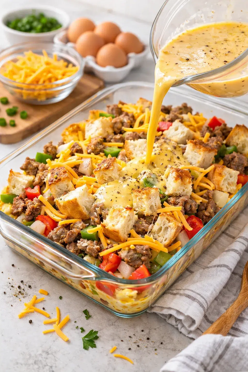 Whisked egg mixture being poured over layers of sausage, vegetables, shredded cheese, and bread cubes