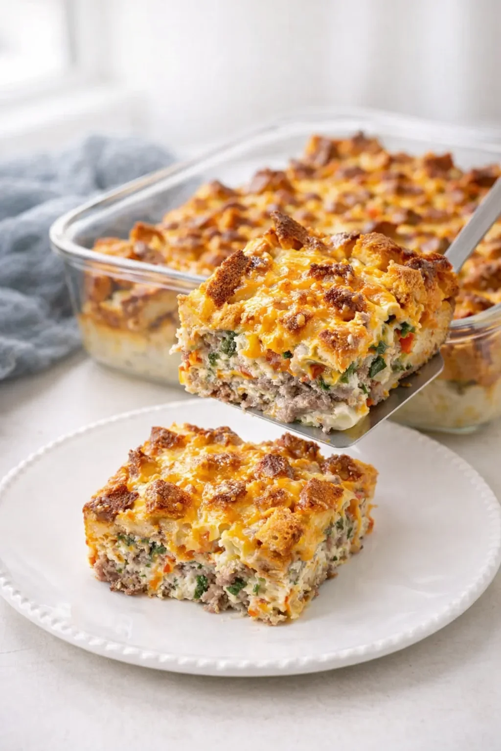 Baked casserole with golden-brown cheese topping cooling in dish while a slice is being lifted