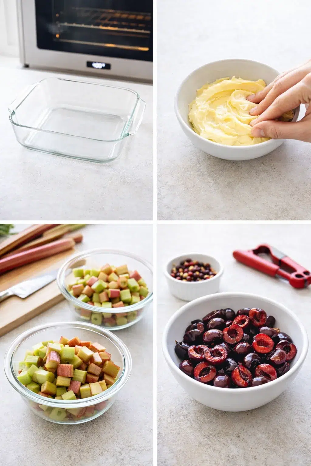 Preheated oven in background, soft butter, two bowls of chopped rhubarb and halved cherries beside empty glass baking dish