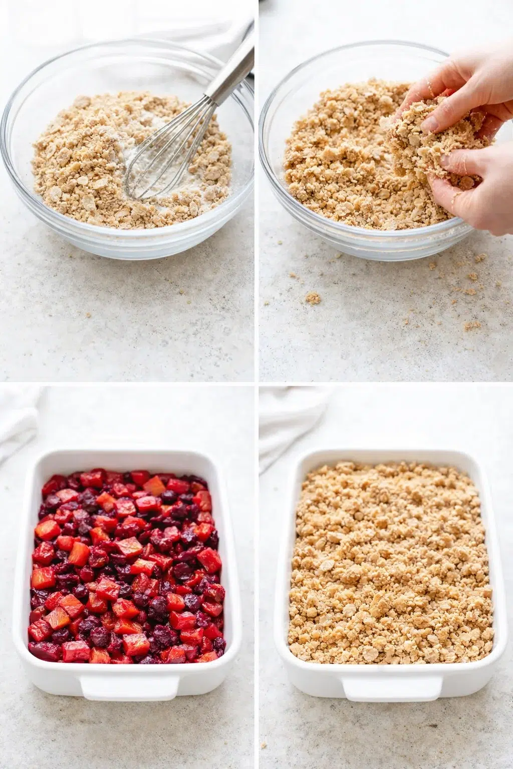 Bowl of crumbly oat-almond topping next to baking dish with fruit, topping being sprinkled