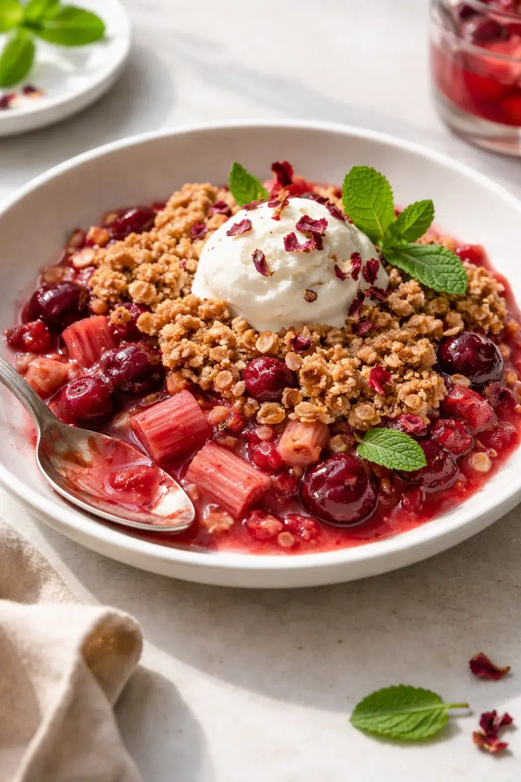Final plated Rhubarb Cherry Hibiscus Crumble served as a hero shot