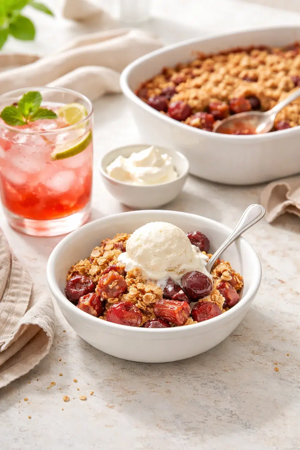 closing_final_dish-placeholder.png Alternative angle of Rhubarb Cherry Hibiscus Crumble served with a pairing