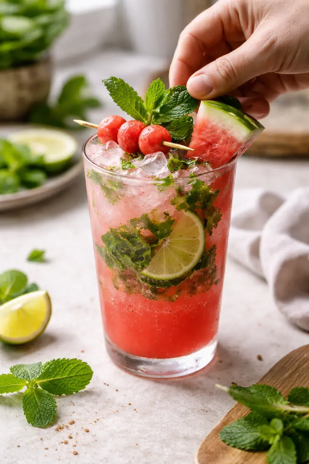 Single plated variation of Watermelon Mint Mojito Mocktail shown in a natural kitchen scene