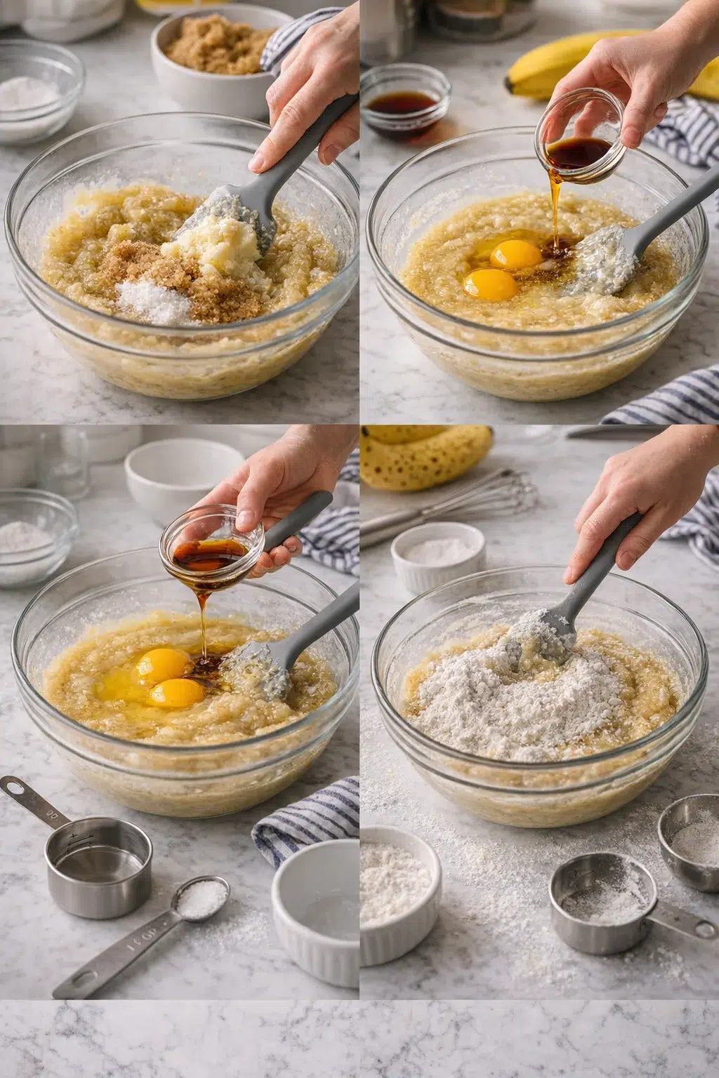 Creamy banana batter being stirred, sifted flour visible, spatula folding dry ingredients in.