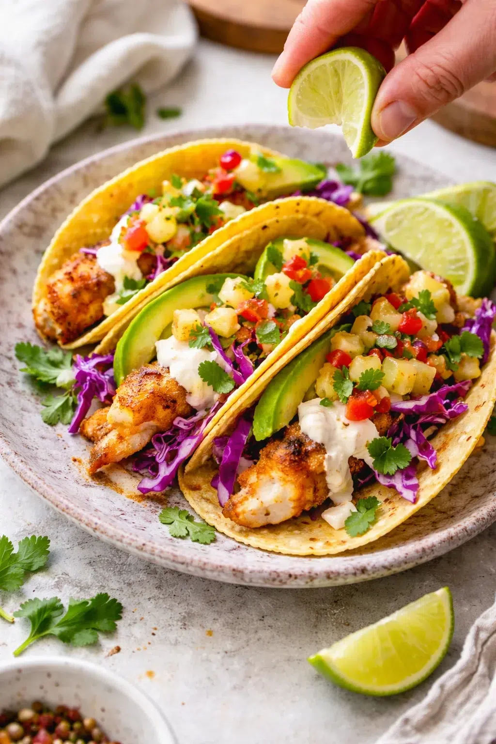 Single plated variation of Easy Fish Tacos shown in a natural kitchen scene