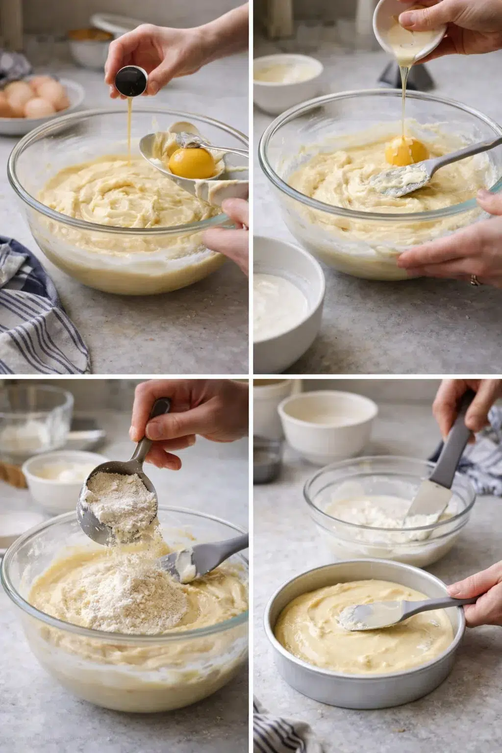 Two cake pans filled with smooth batter, spatula smoothing tops, bowl of combined buttermilk and yogurt nearby.