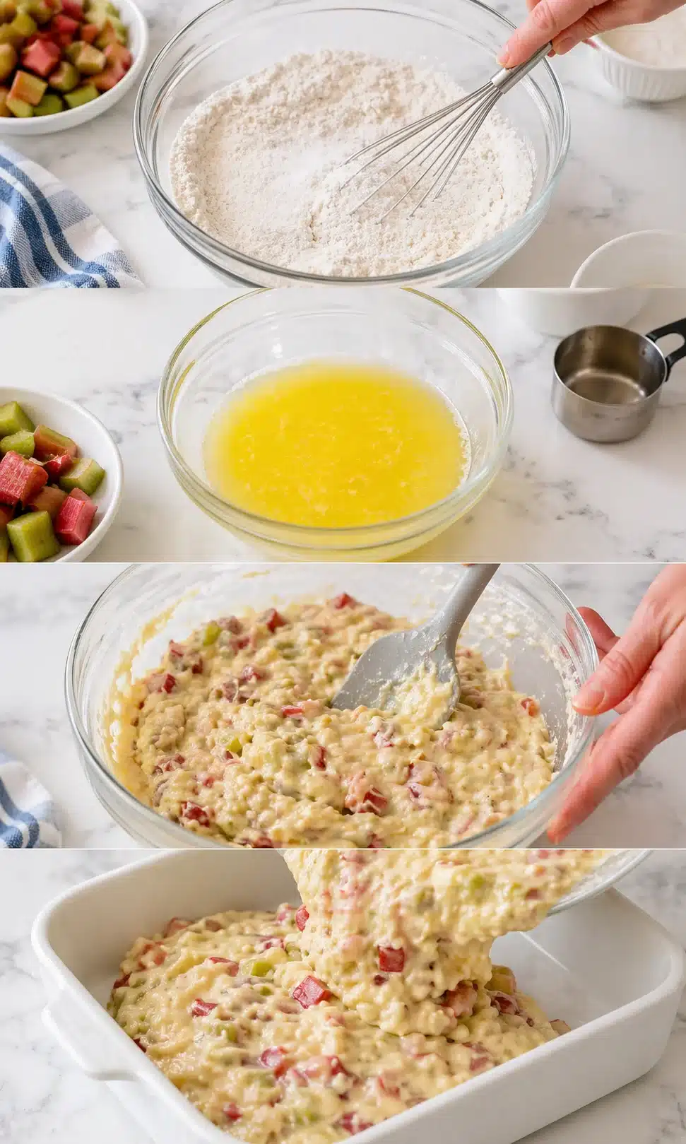 Collage showing flour in a glass bowl, beaten eggs, and apple-rhubarb batter with fruit chunks.