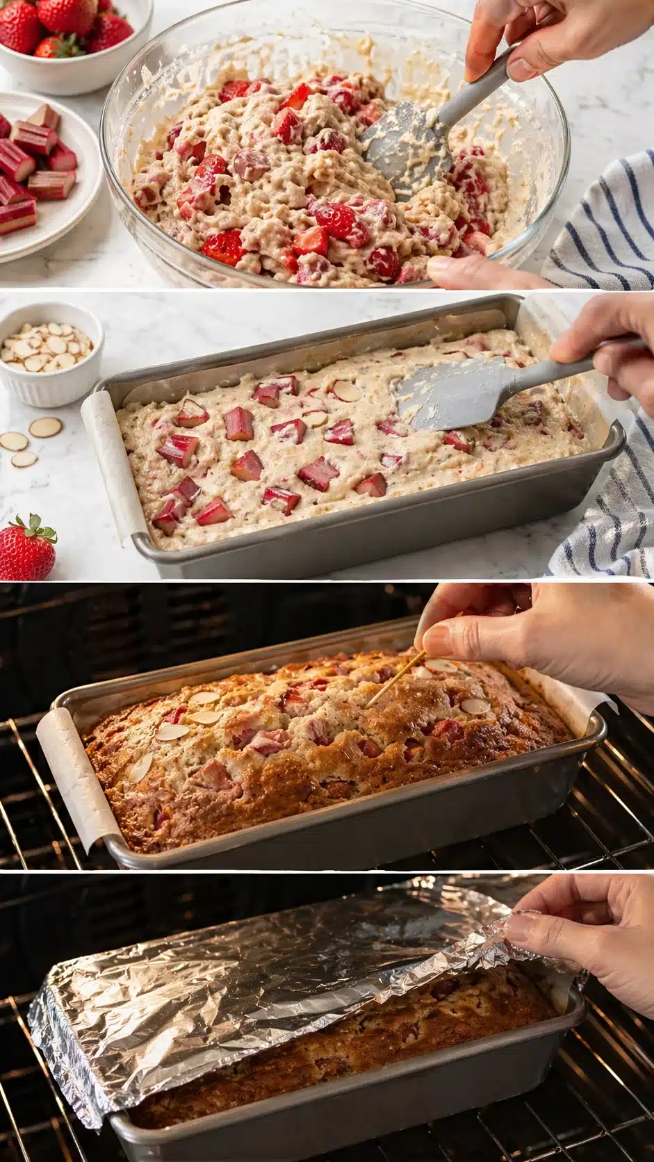 Loaf pan filled with batter studded with rhubarb and strawberries, top smoothed and extra rhubarb arranged.