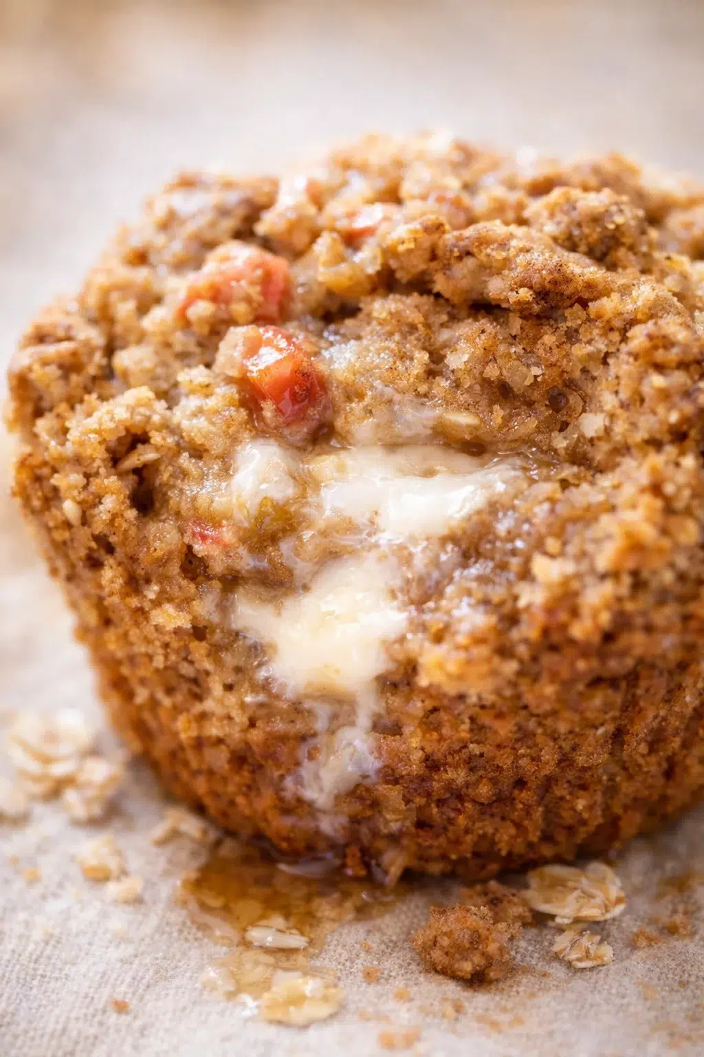 Tight detail shot of Rhubarb Muffins Recipe with Cinnamon Streusel
