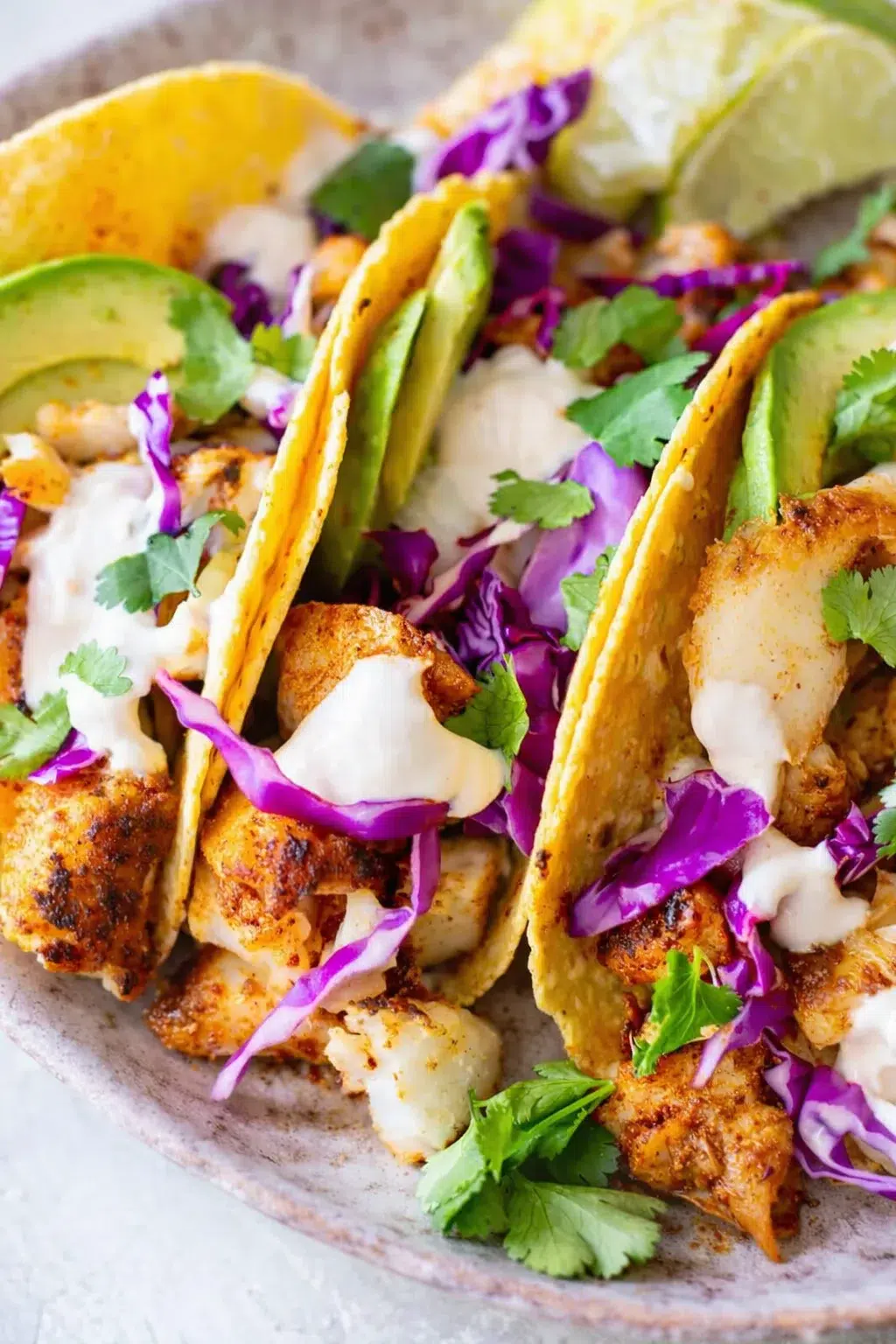 Final plated Easy Fish Tacos served as a hero shot