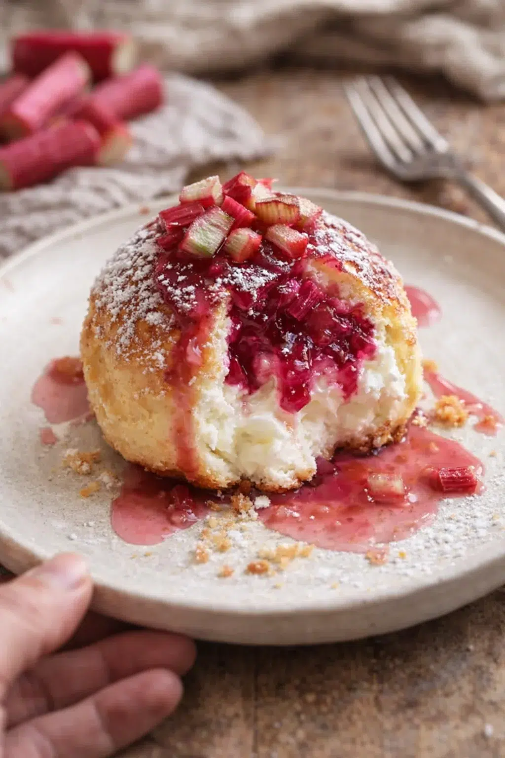 Single plated variation of Rhubarb Cheesecake Bombs: A Sweet Spring Delight Awaits shown in a natural kitchen scene