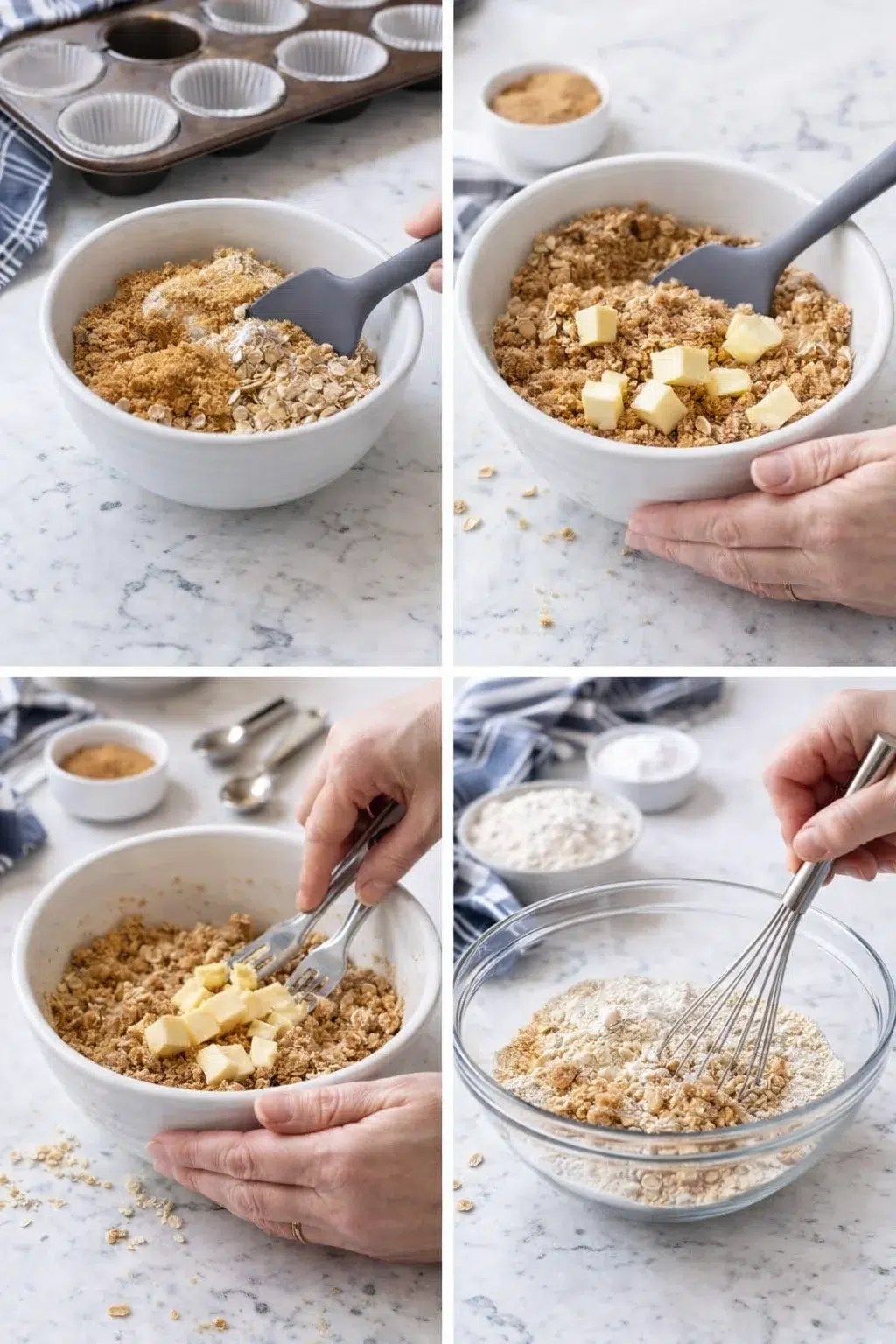 Two lined muffin pans beside bowls of flour, oats, spices, and cubed butter being cut