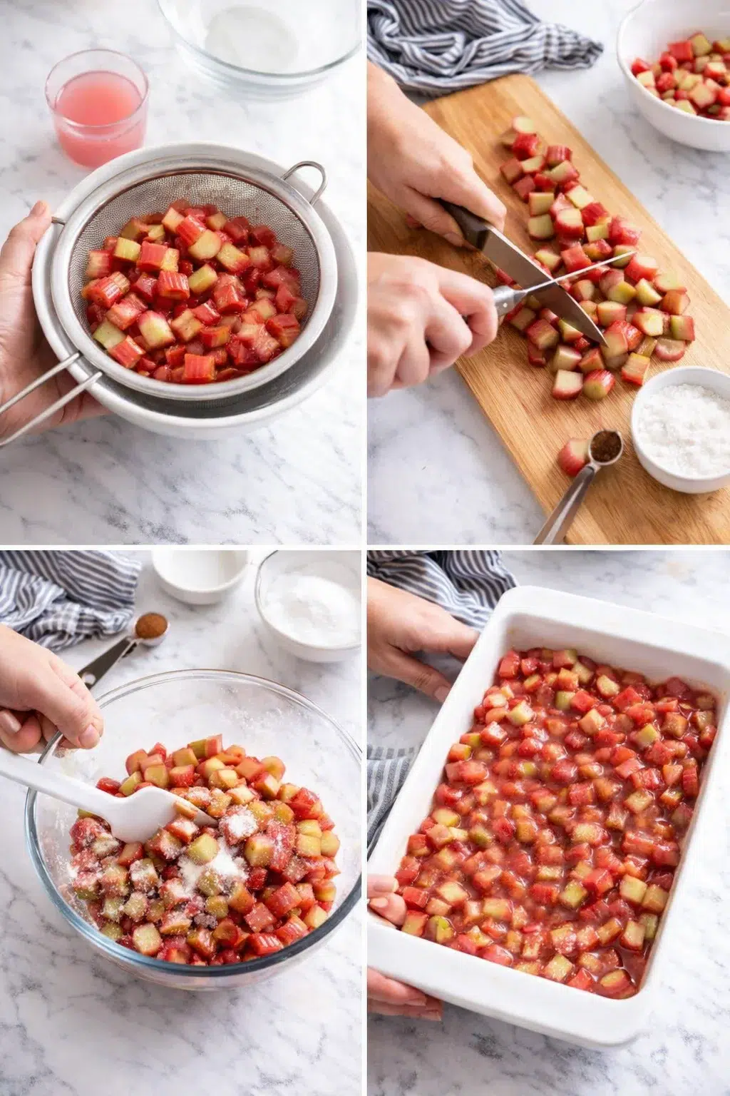 Bowl of sliced rhubarb coated with sugar, cornstarch, and cinnamon beside buttered casserole.