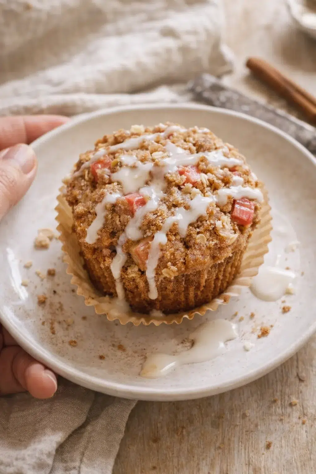 Single plated variation of Rhubarb Muffins Recipe with Cinnamon Streusel