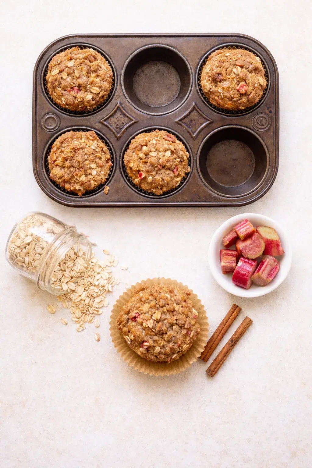 Straight-down overhead view of Rhubarb Muffins Recipe with Cinnamon Streusel