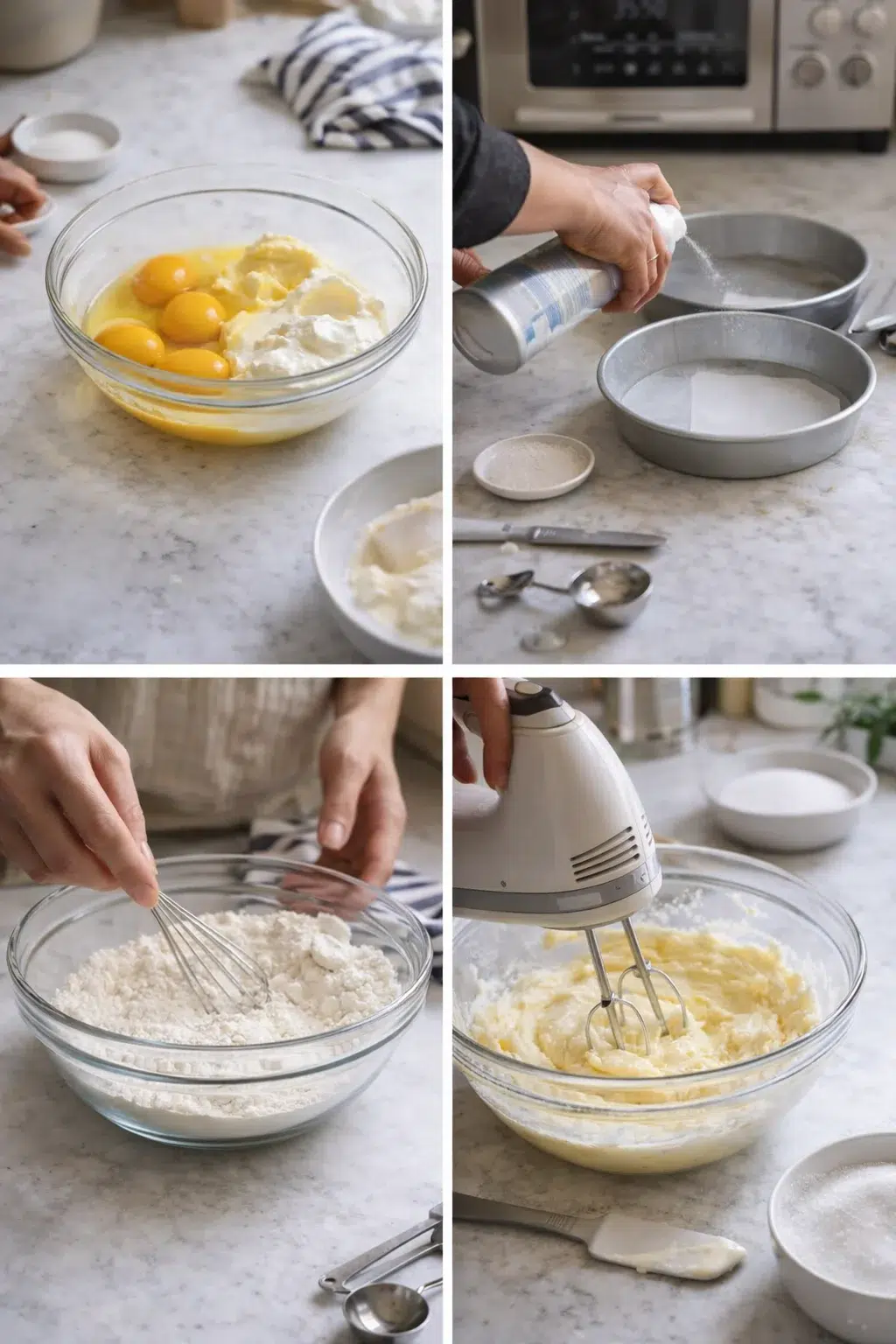 Mixing bowl with creamed butter and sugar, parchment-lined cake pans and whisked dry ingredients.