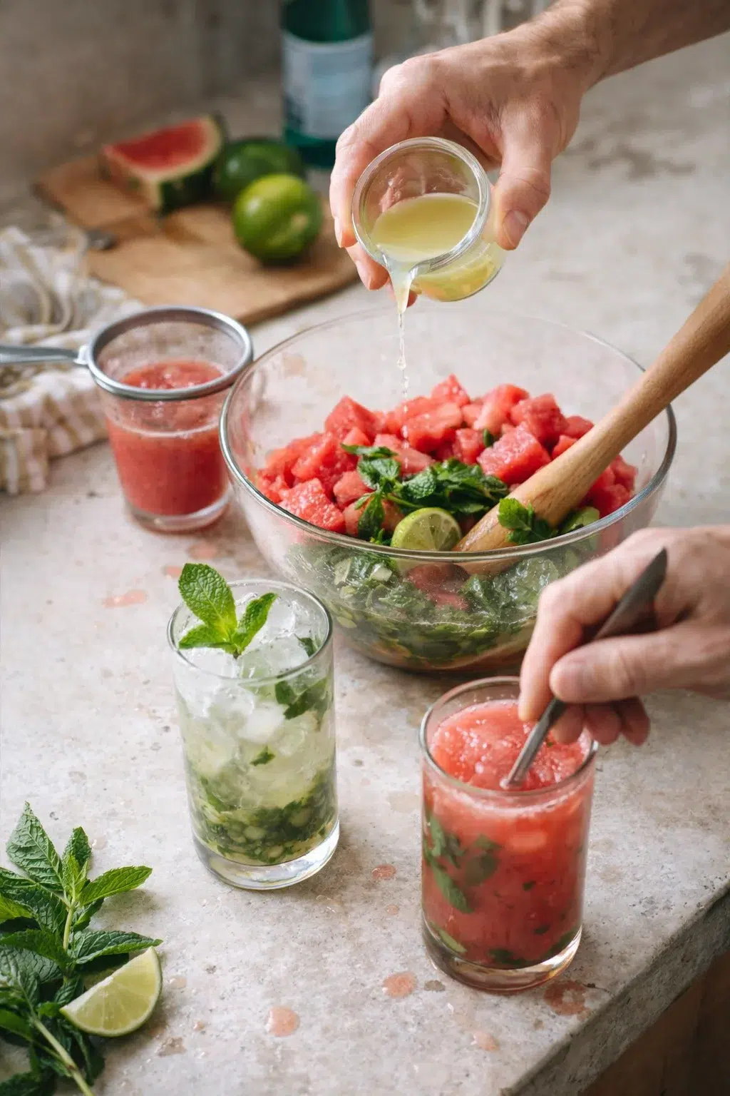 Hand placing mint and cold watermelon cubes into a rocks glass while muddler presses gently.