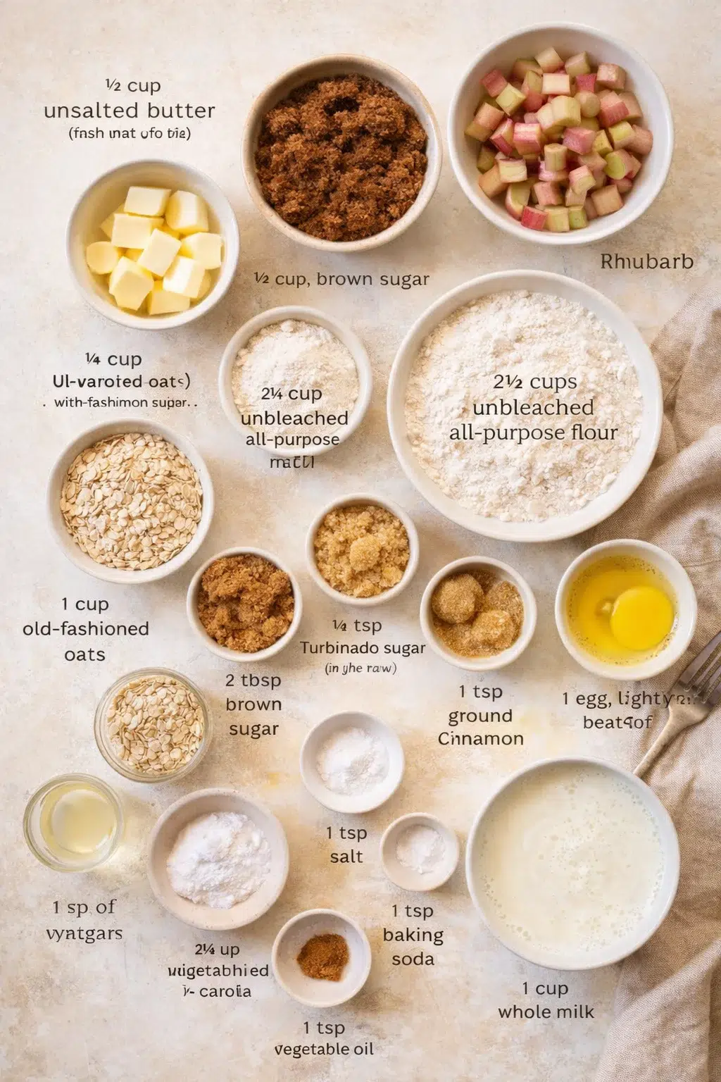 Measured ingredients arranged for Rhubarb Muffins Recipe with Cinnamon Streusel - ¼ cup unsalted butter (chilled and cut into 1/4″ pieces), ¼ cup unbleached all-purpose flour, 2 tbsp brown sugar, 1 tsp 