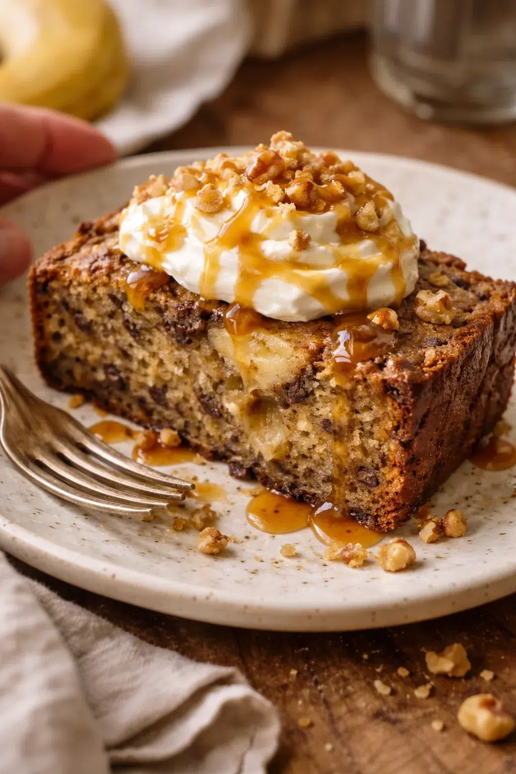 Single plated variation of Banana Bread Recipe shown in a natural kitchen scene