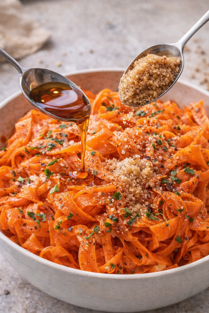 Maple syrup and brown sugar being added to fermented shaved carrots in a bowl to enhance sweetness and balance flavor