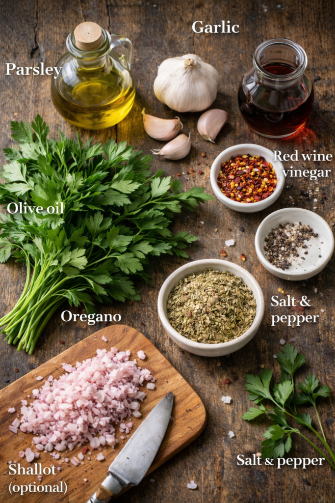 Chimichurri ingredients labeled parsley garlic olive oil vinegar oregano and spices