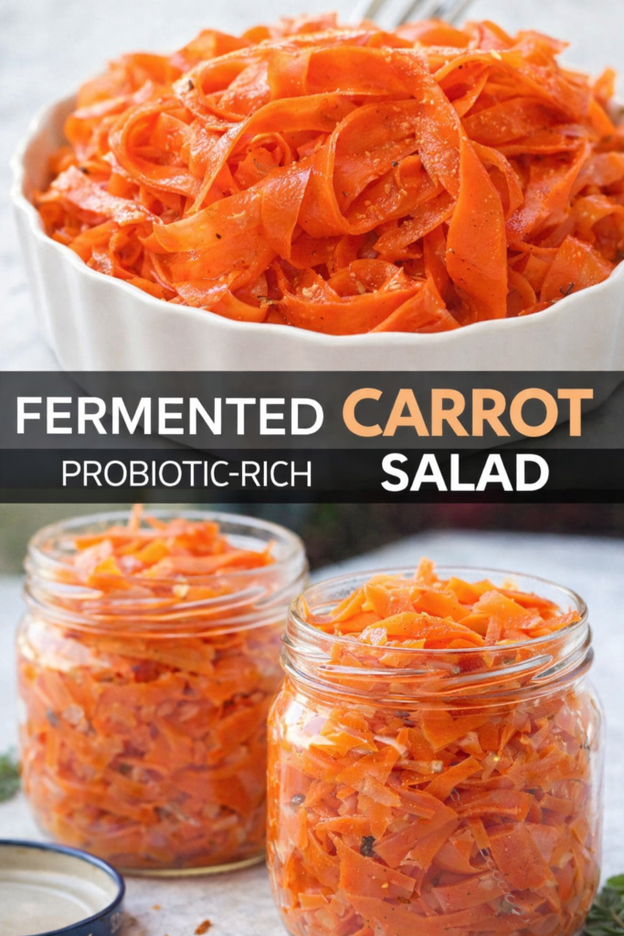 Fermented carrot salad recipe with shaved carrots in jars and bowl, a probiotic-rich crunchy and tangy healthy side dish