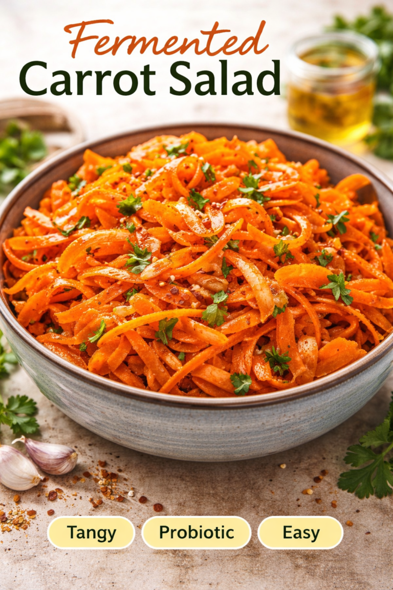 Close-up of fermented carrot salad made with shaved carrots, garlic, and spices in a bowl, showing a tangy probiotic side dish