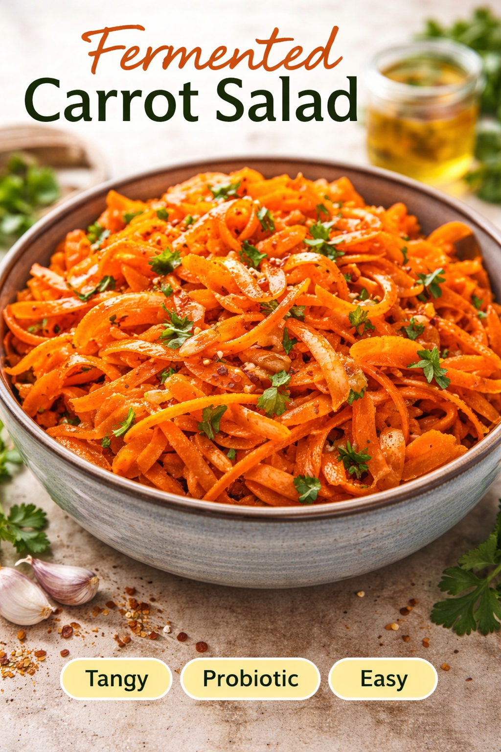 Close-up of fermented carrot salad made with shaved carrots, garlic, and spices in a bowl, showing a tangy probiotic side dish
