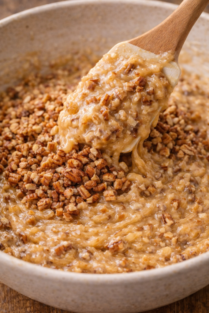 folding chopped pecans into thick batter close up baking process