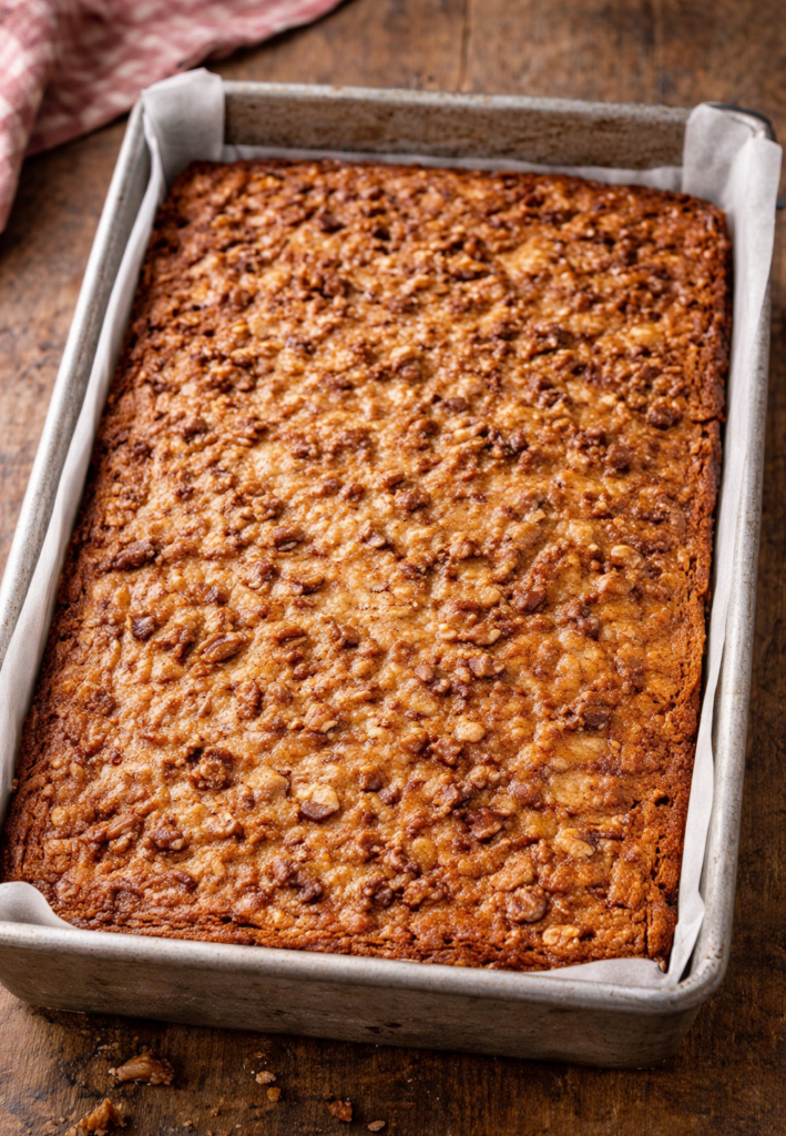 fresh baked pecanbread golden brown top in baking pan homemade