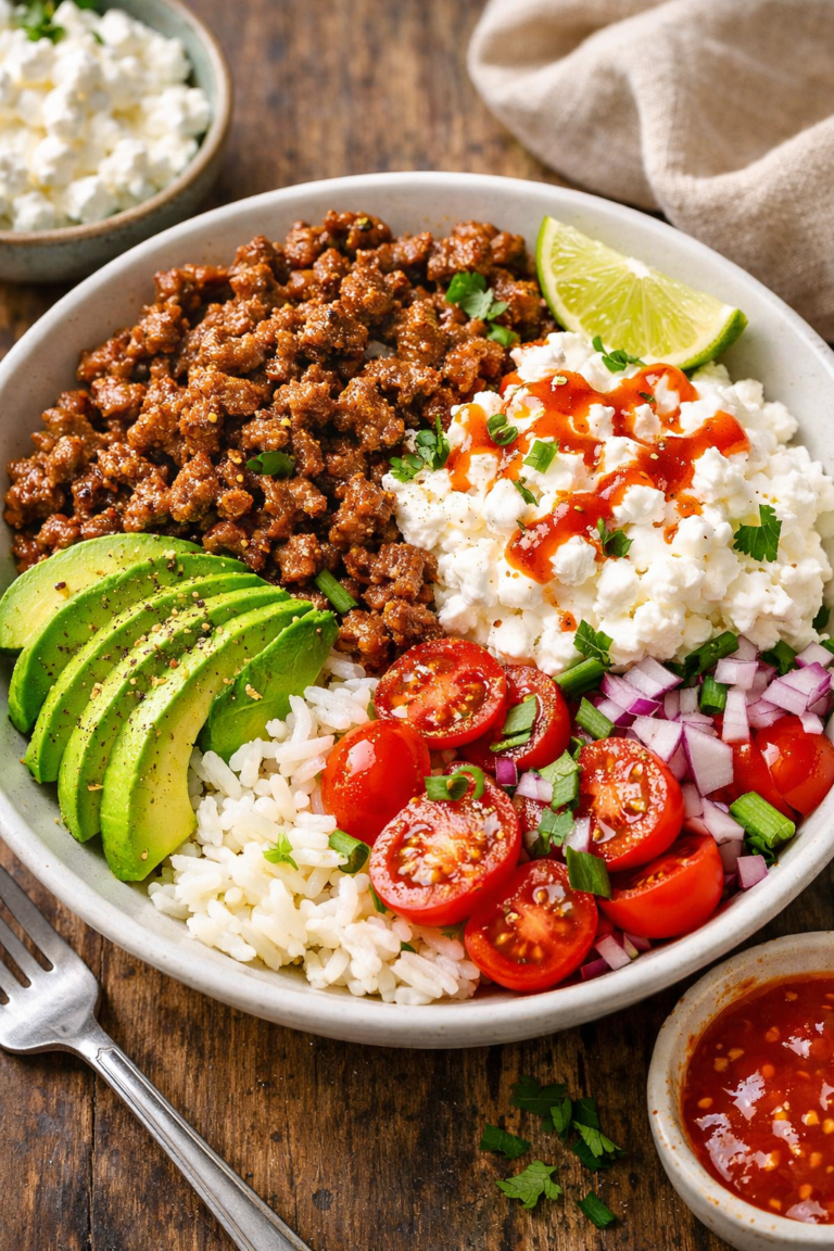 High protein cottage cheese beef bowl with rice, avocado and fresh vegetables