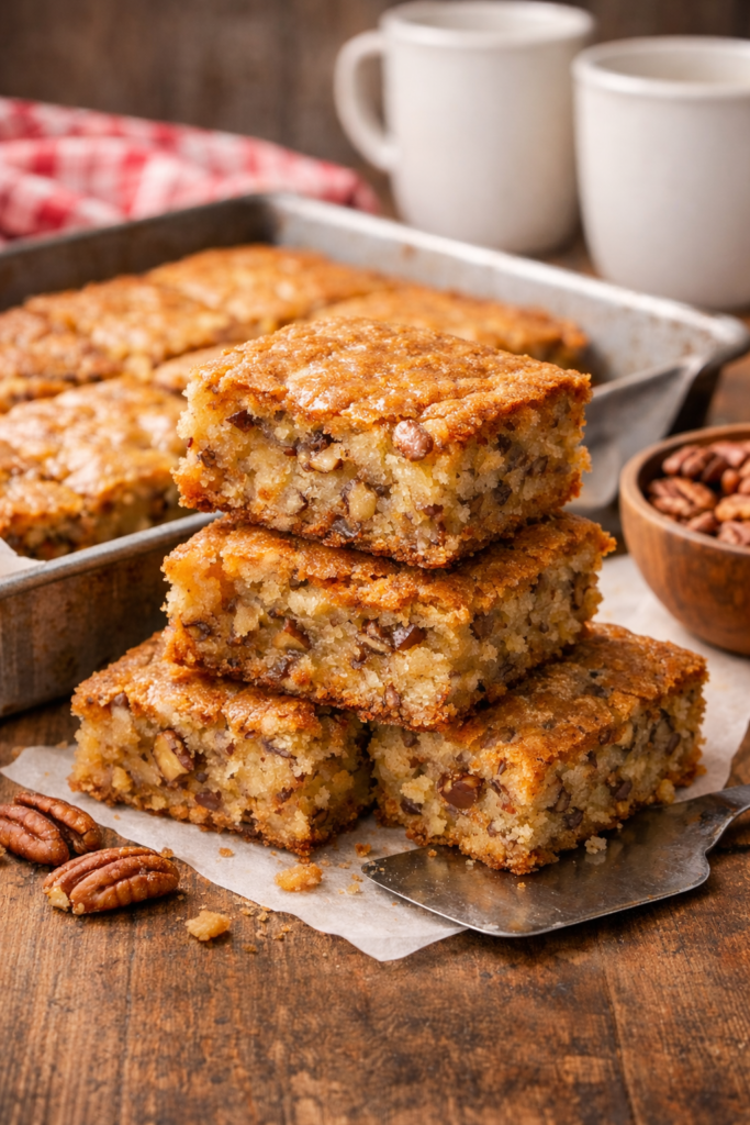 stacked pecanbread squares soft inside crispy edges homemade dessert