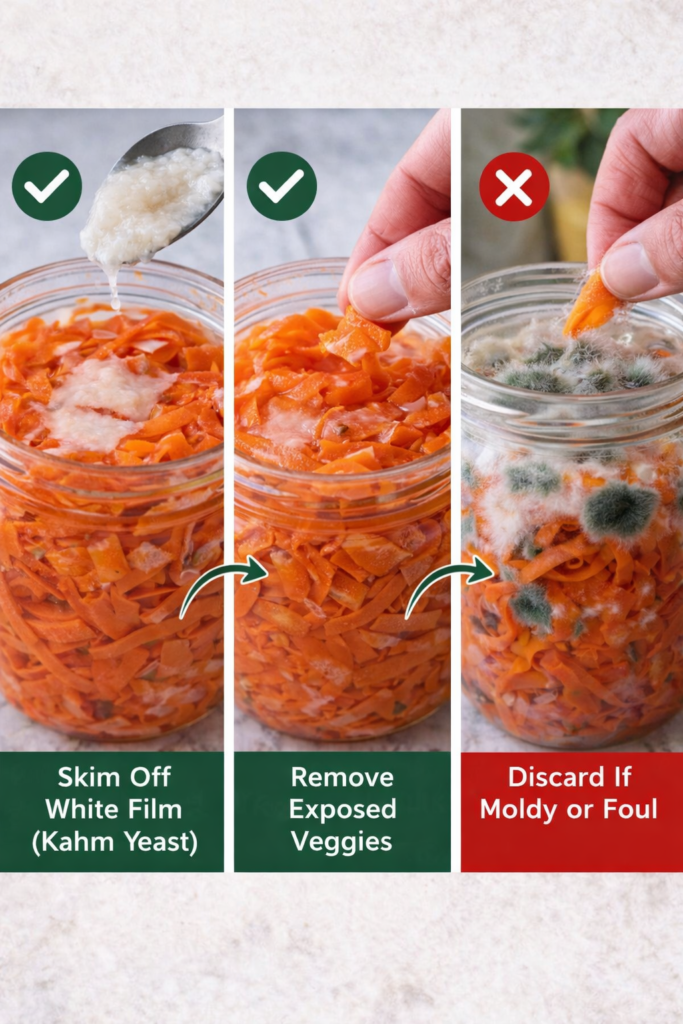 Jar of fermented shaved carrots showing white kahm yeast on top, removing exposed carrot pieces, and an example of mold indicating the batch should be discarded
