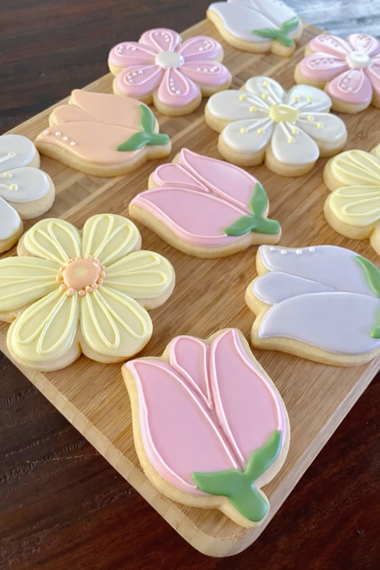 Pastel Spring Flower Sugar Cookies on Wooden Board