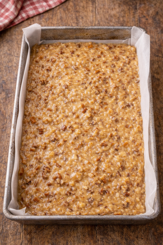 pecanbread batter spread in pan before baking with visible pecans