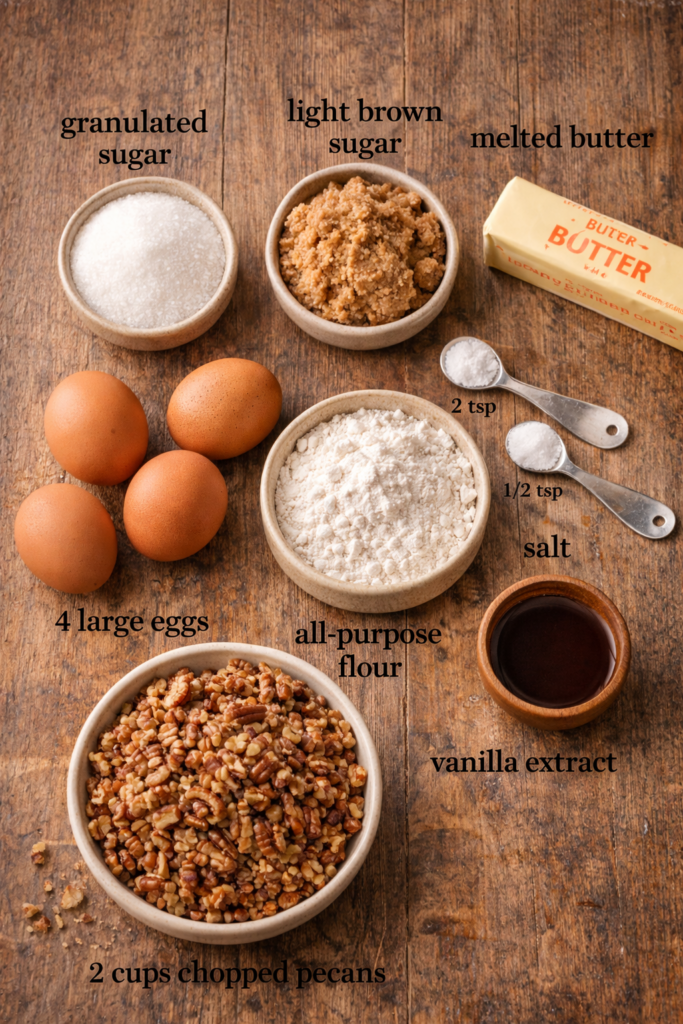 ingredients for pecanbread sugar eggs butter flour pecans labeled