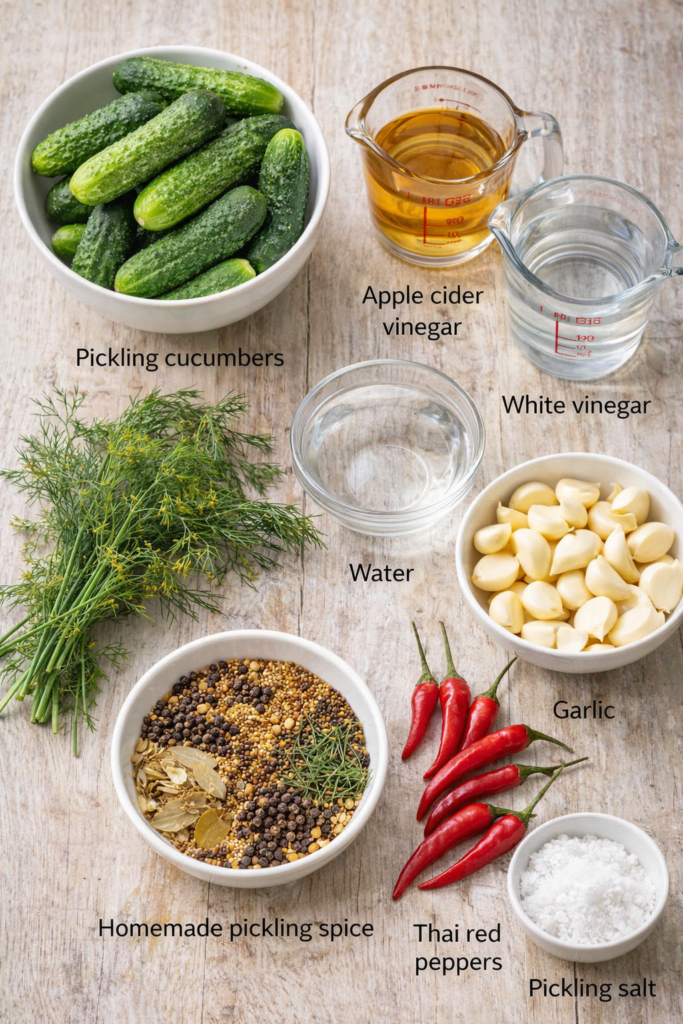 ingredients for spicy garlic dill pickle recipe including cucumbers garlic dill vinegar and chili peppers