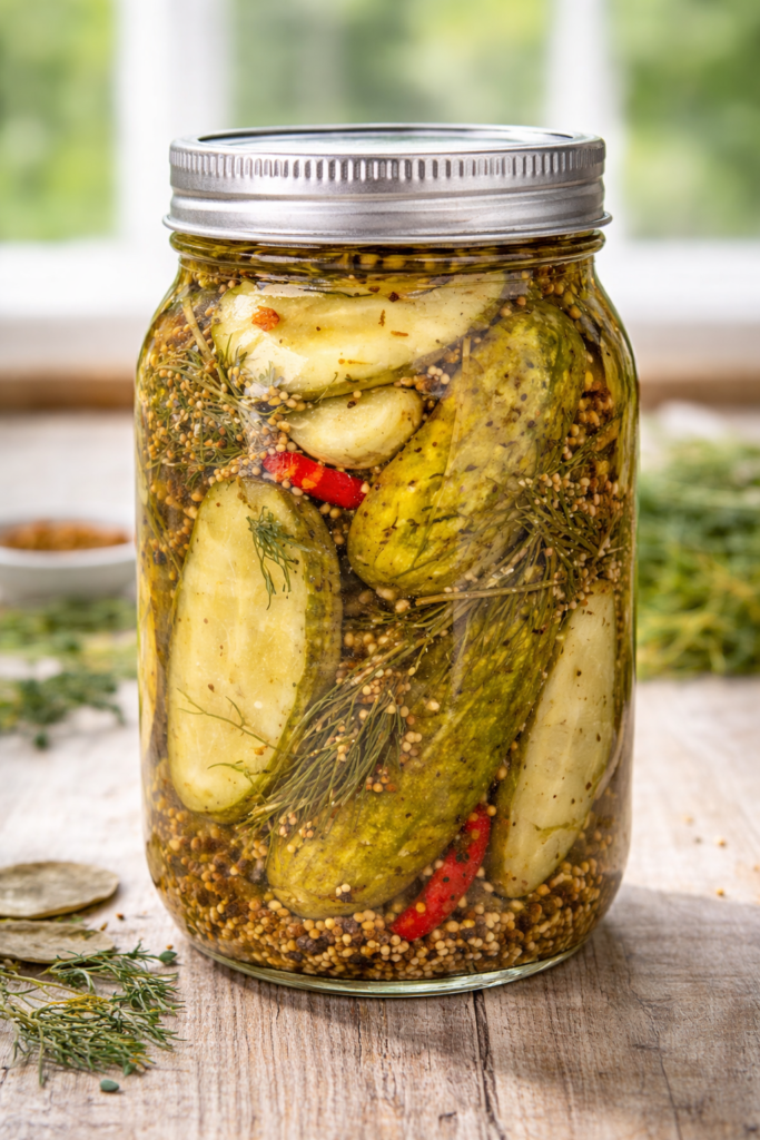 spicy garlic dill pickles in mason jar with fresh dill and chili peppers