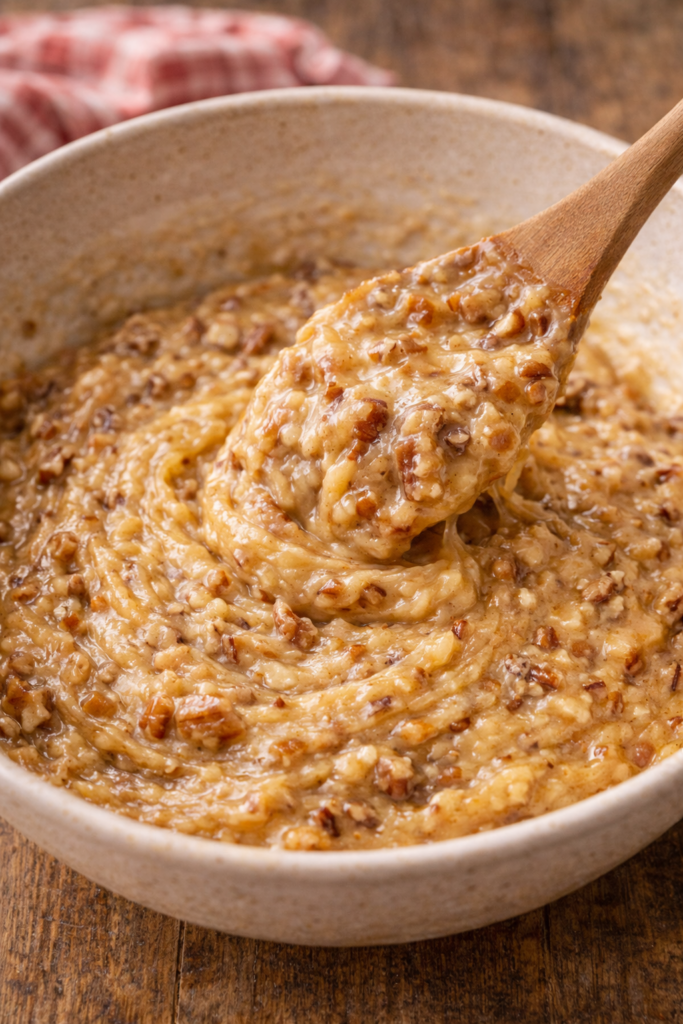 thick pecanbread batter texture being mixed in bowl