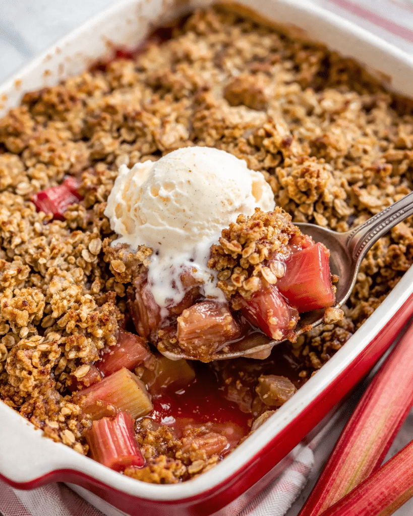 Easy Rhubarb Crisp Recipe with Crispy Oat Topping and Ice Cream