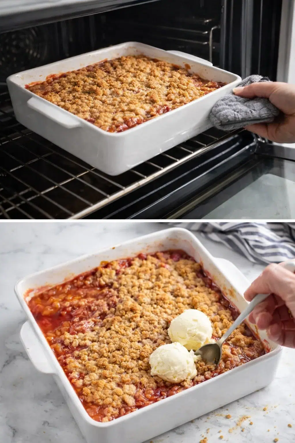 Golden-brown oat topping with bubbling rhubarb filling visible at dish edges, steaming slightly.