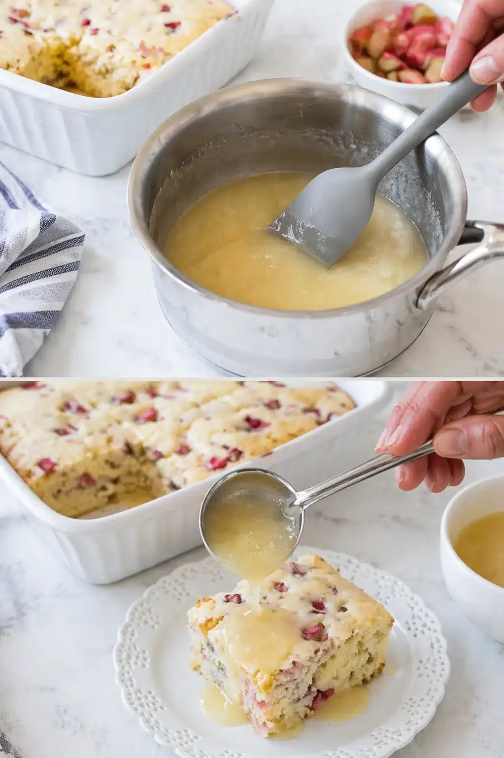 Two-panel shot showing a pot with yellow sauce being stirred, then pouring sauce over rhubarb cake slice.