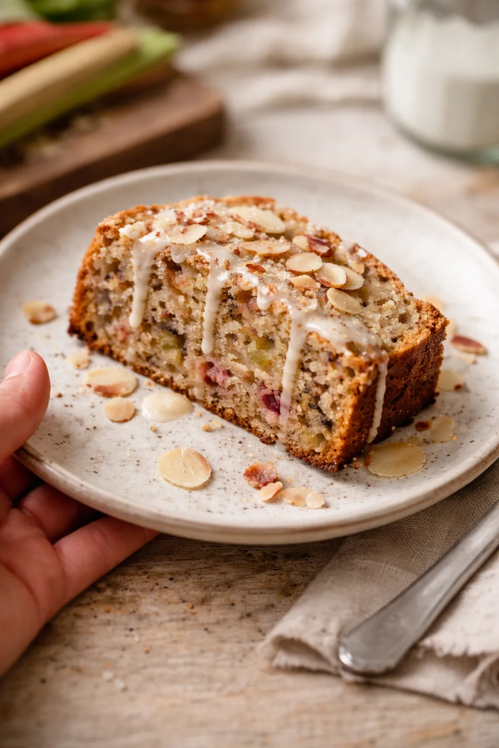 slice of almond-topped banana bread with glaze on a light plate