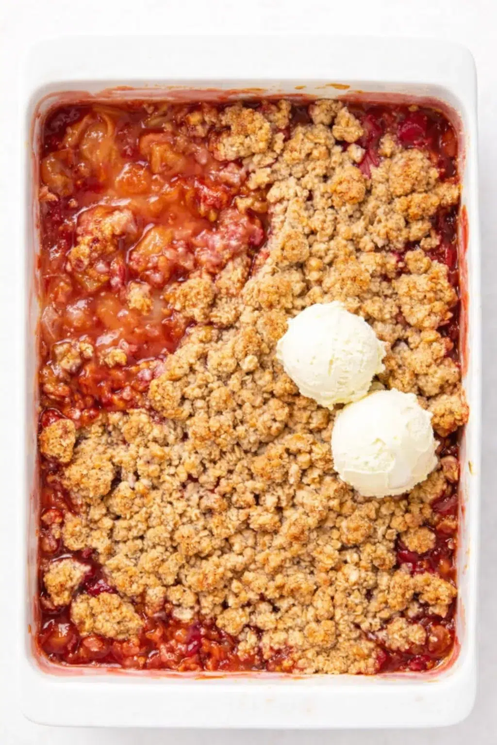 Straight-down overhead view of Easy Rhubarb Crisp Recipe [+ Video] - Savory Nothings