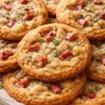 Golden-brown bacon-cheddar cookies with bacon bits on parchment-lined plate