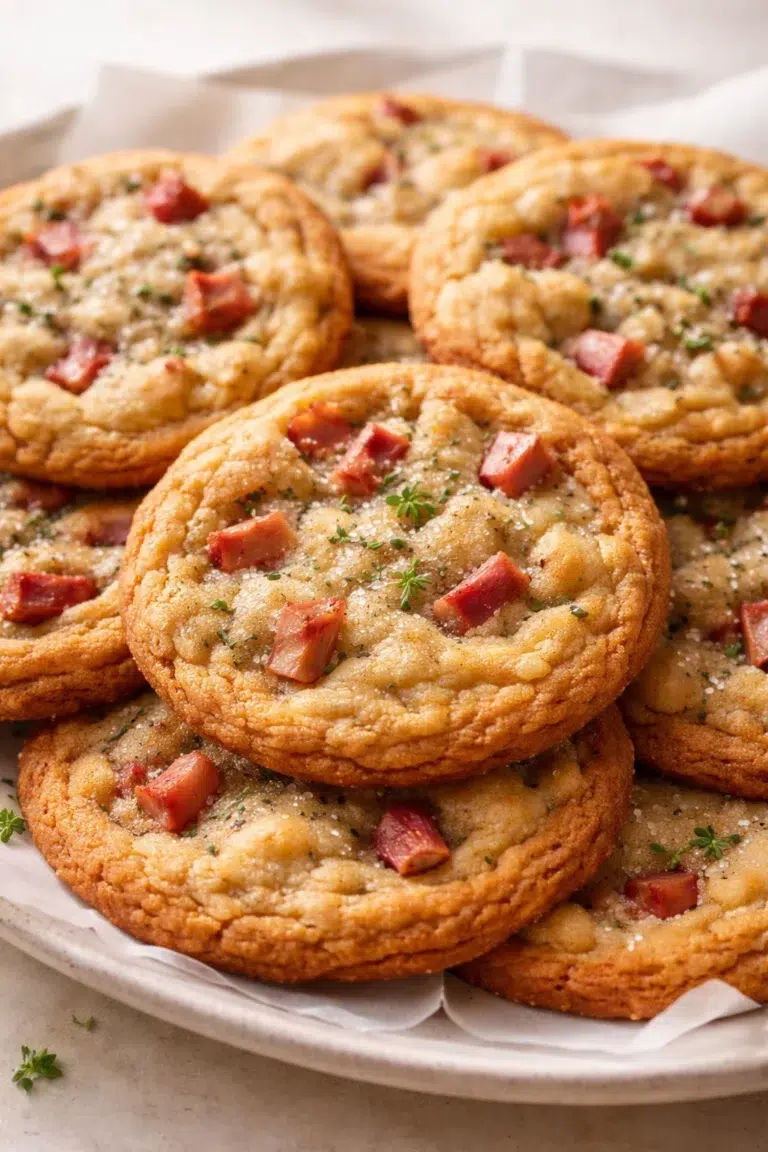 Golden-brown bacon-cheddar cookies with bacon bits on parchment-lined plate