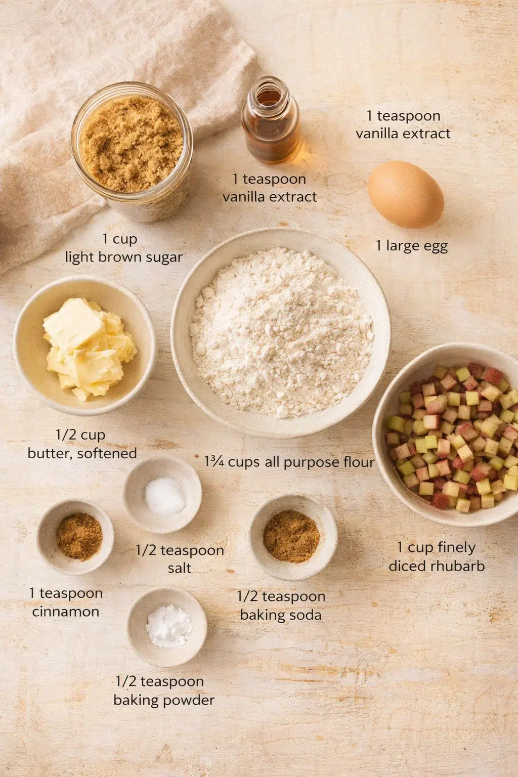 top-down view of baking ingredients laid out on a light wooden surface with labeled measurements