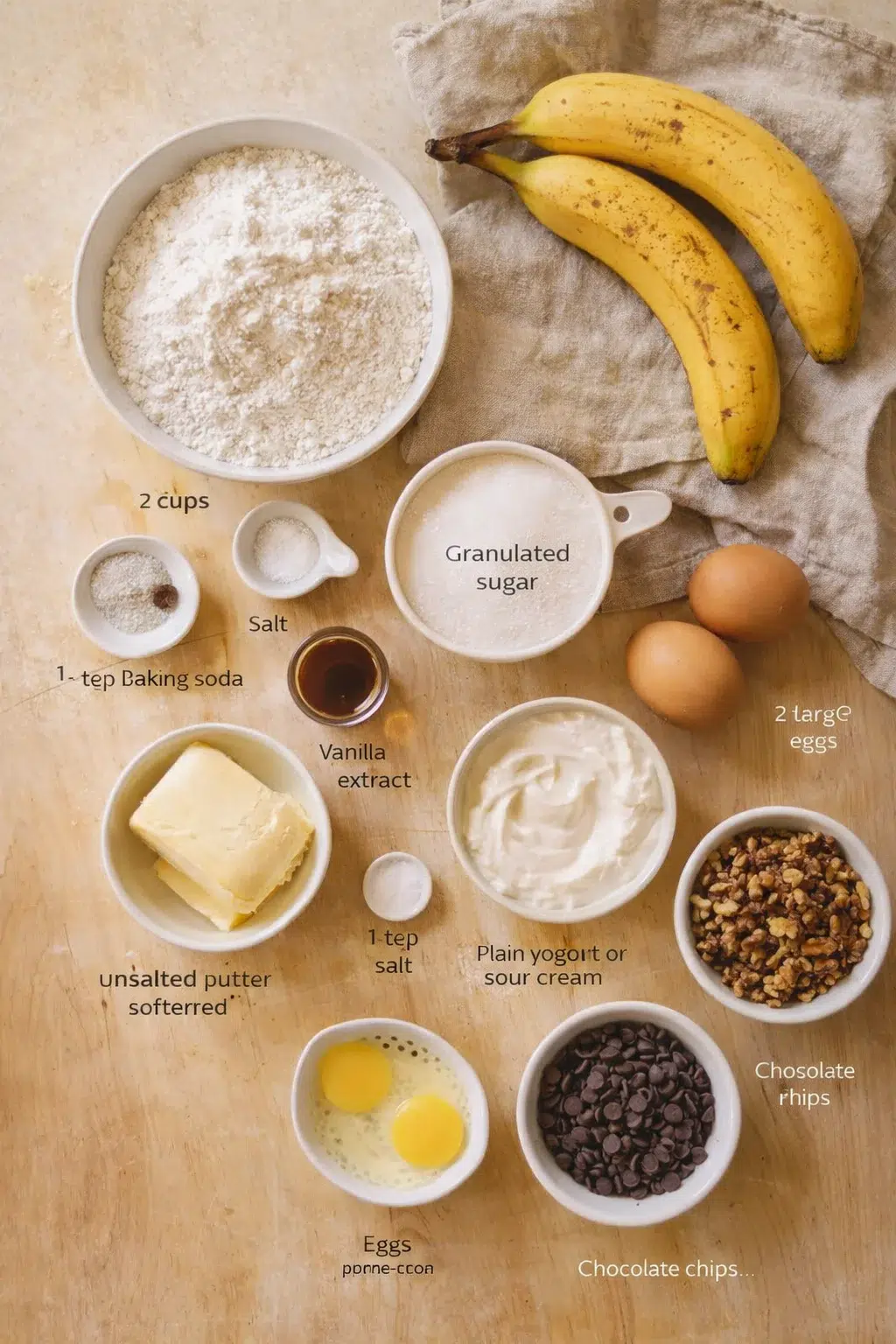 Top-down view of banana bread ingredients arranged on a wooden surface