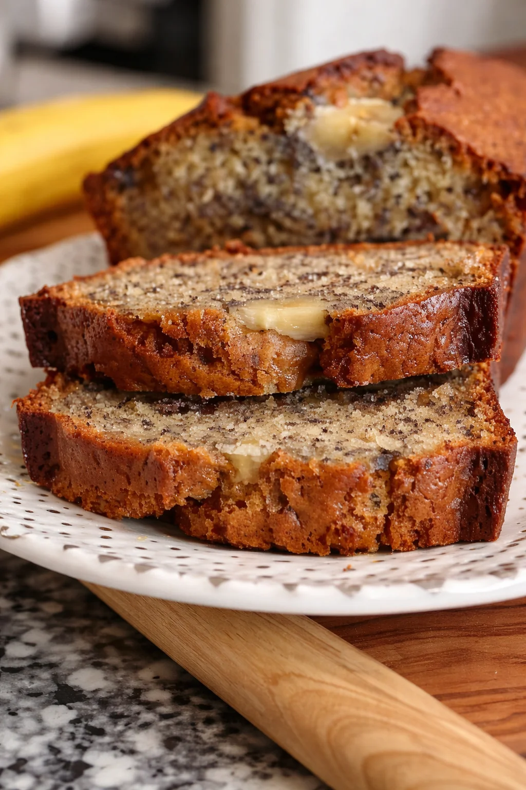 slices of banana bread on a plate with a ripe banana in the background