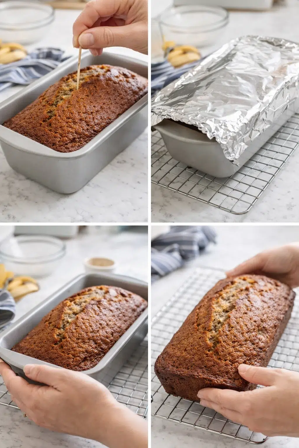 collage shows banana bread being tested and baked: pan, foil, cooling rack, lifted loaf.